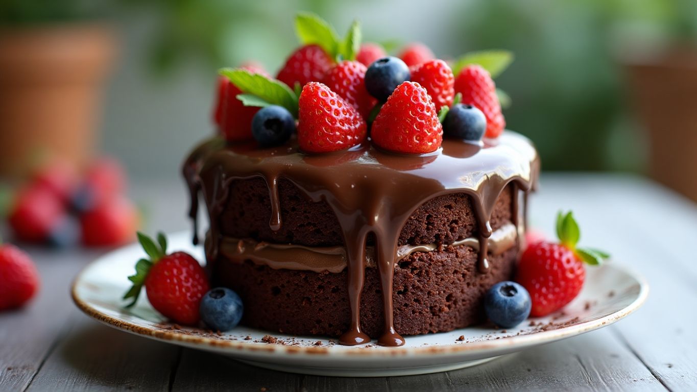 Bolo de chocolate fofinho com frutas e folhas de hortelã.