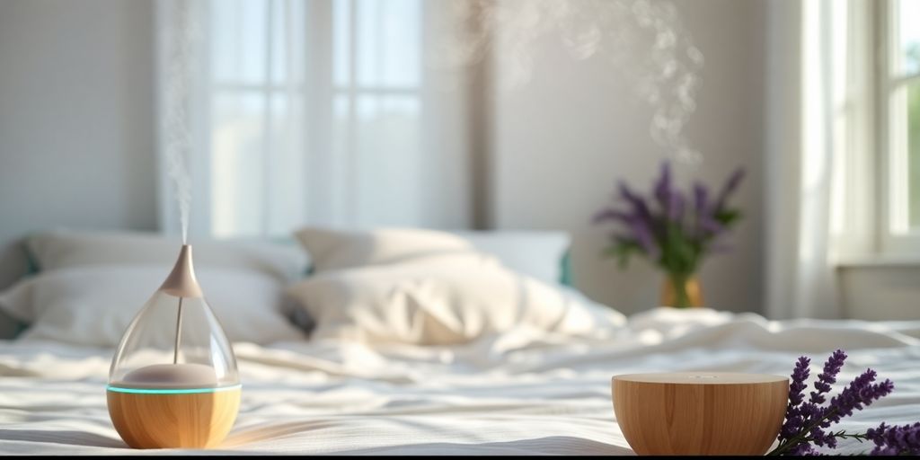 Aromatherapy diffuser with lavender oil and a peaceful bedroom.