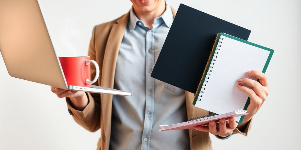 Person juggling laptop, coffee, and planner.