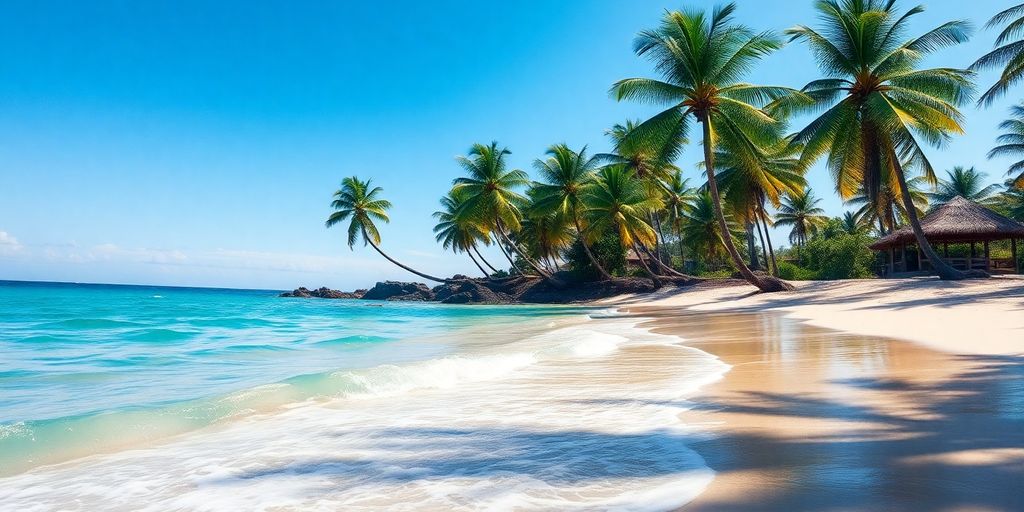 Praia ensolarada com coqueiros e mar azul.