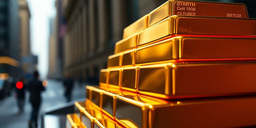 Des barres d'or empilées avec un fond flou.