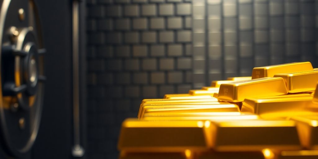 Lingots d'or empilés dans une chambre forte.