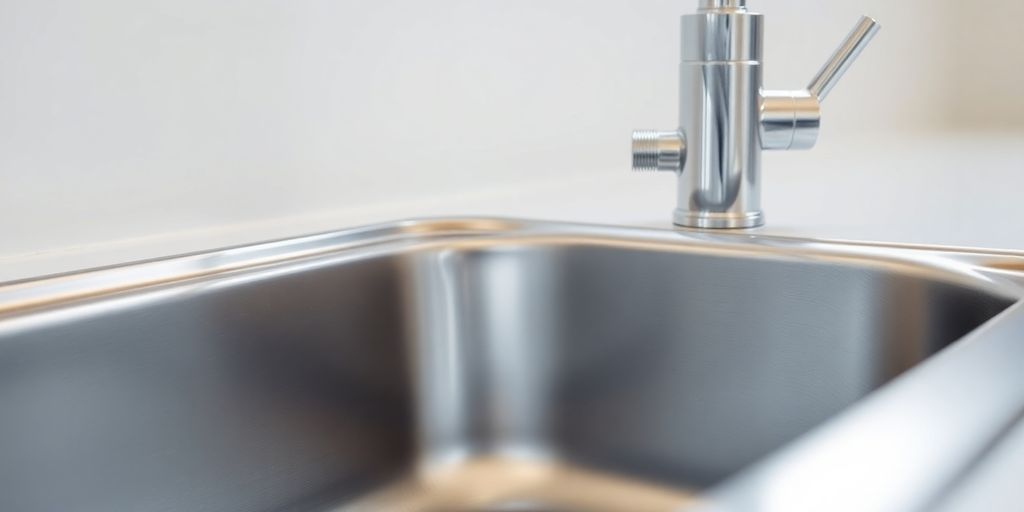 Shining stainless steel basin next to kitchen faucet.