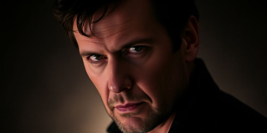 Michael Madsen, intense gaze, leather jacket, dark background
