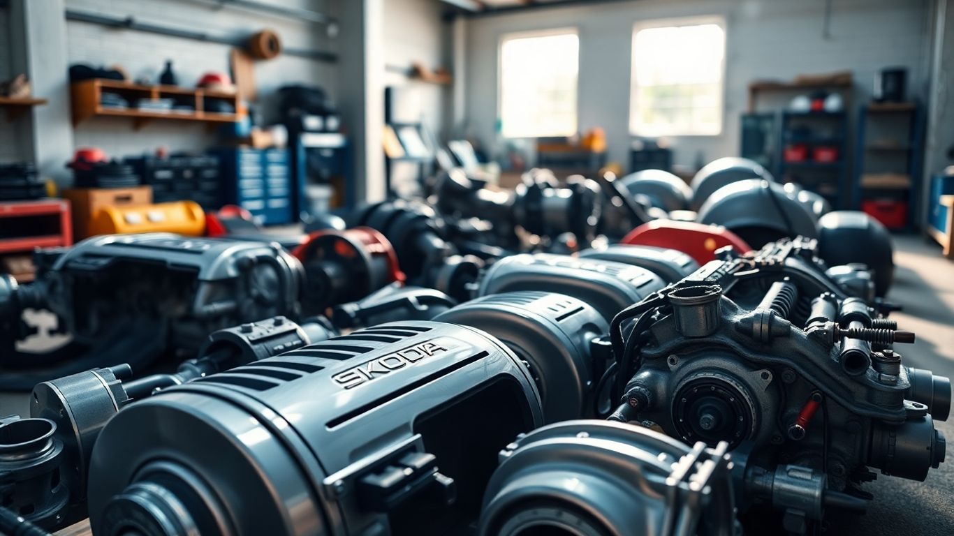 Skoda car parts arranged neatly in a workshop.
