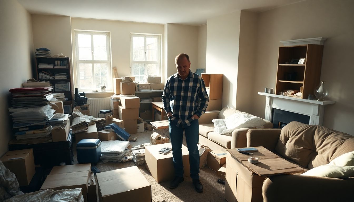 Landlord supervising house clearance in a London property.