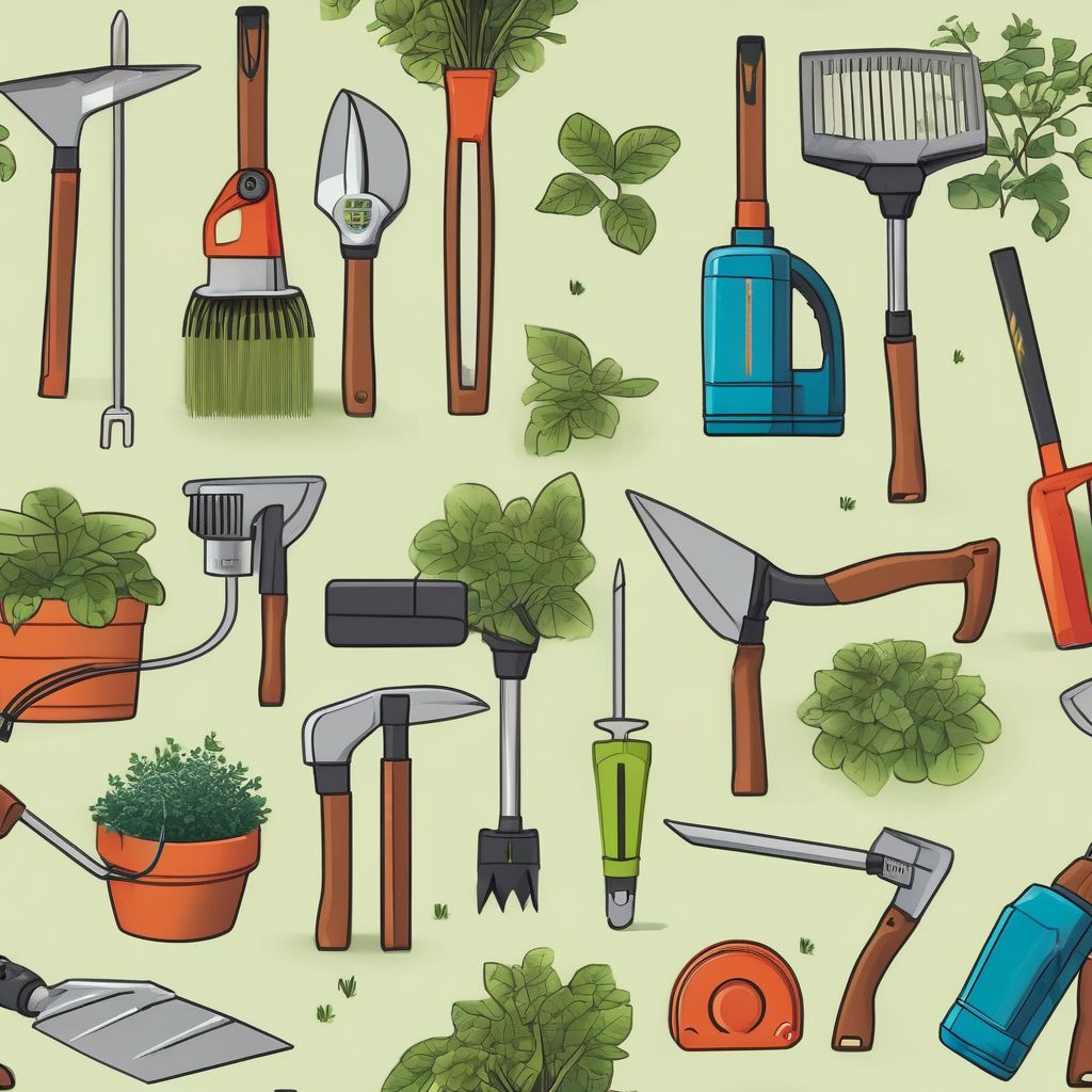 electric and battery-powered gardening tools in a garden