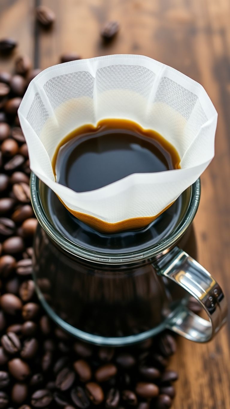Freshly brewed coffee with reusable filter and coffee beans.