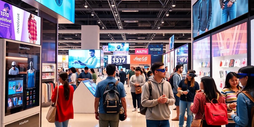 Diverse shoppers interacting with advanced retail technology in store.