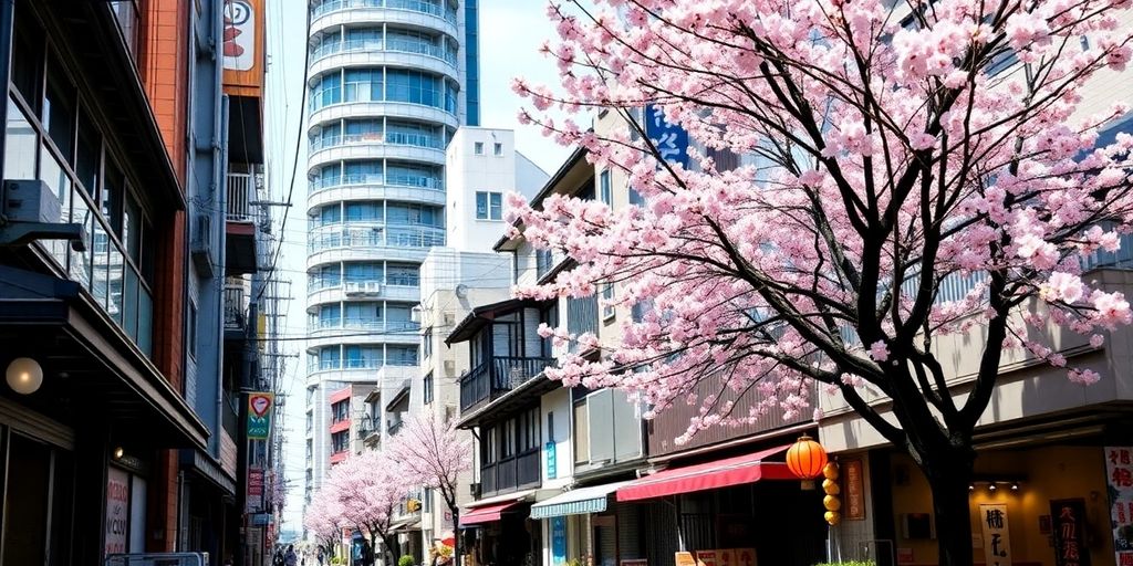 Tokyo street with short-term rental properties and cherry blossoms.