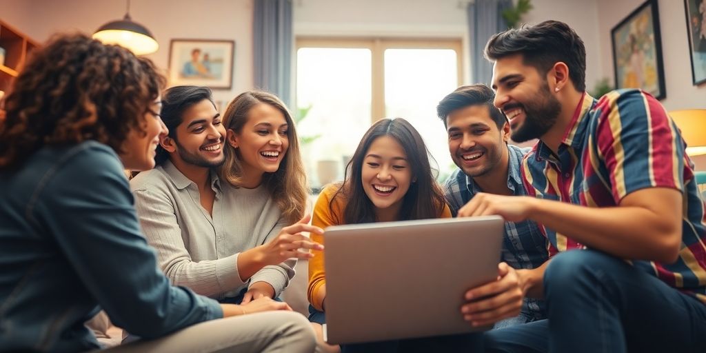 Amigos reunidos criando conteúdo em um laptop.