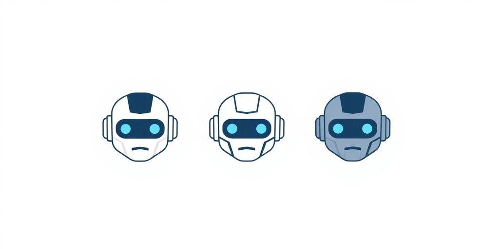 Three distinct robot heads side by side.