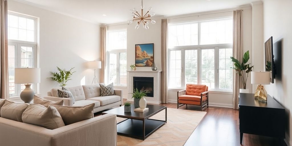 Cozy remodeled living room with modern decor and lighting.