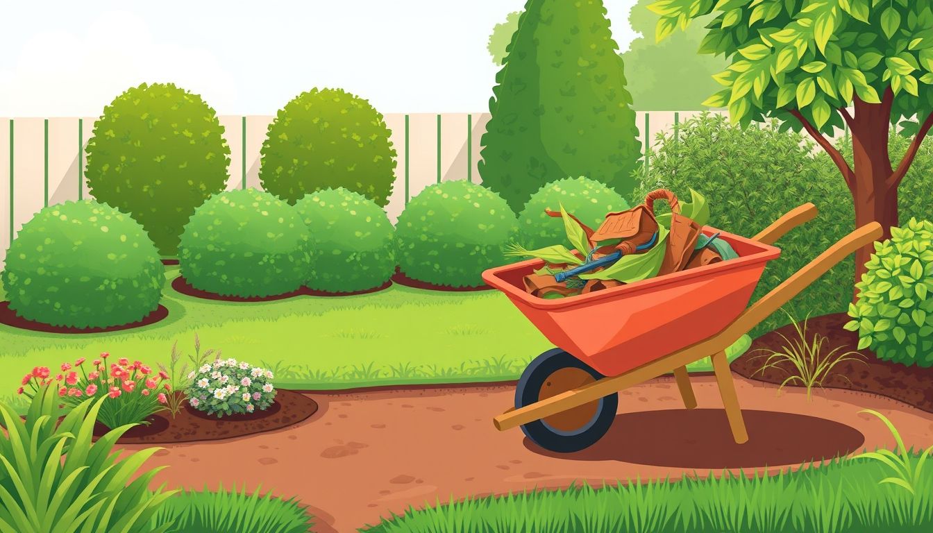 Tidy garden with wheelbarrow and garden waste.