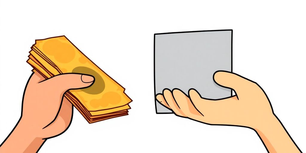Cartoon hands exchanging money and documents.