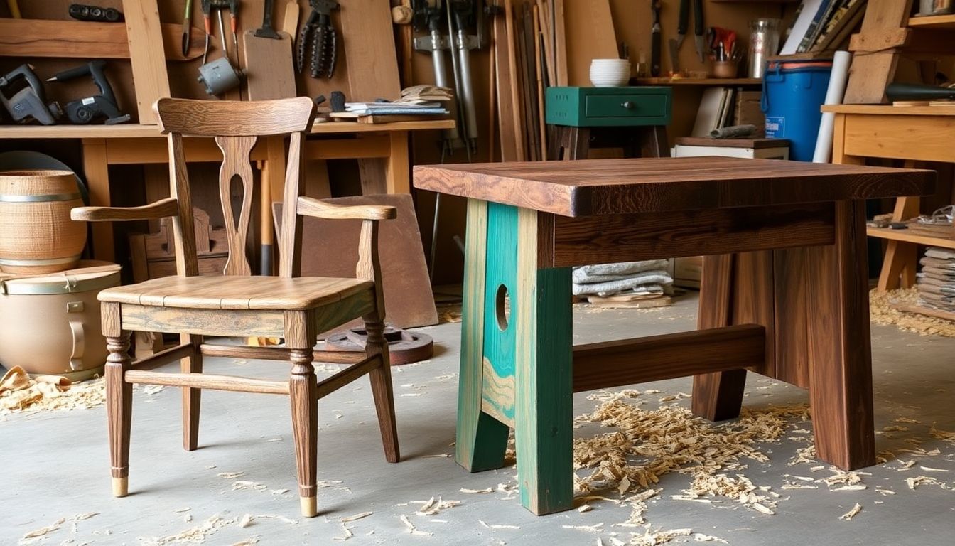 Upcycled furniture pieces in a carpentry workshop.
