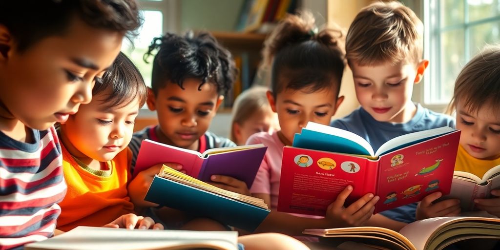 Children reading books together joyfully.