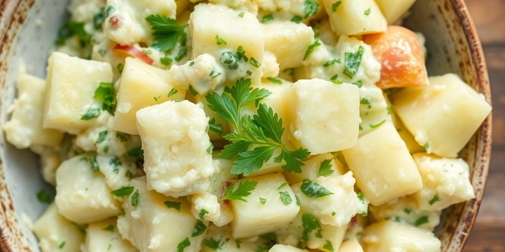 Luchtige aardappelsalade met biologische aardappelen in een schaal.