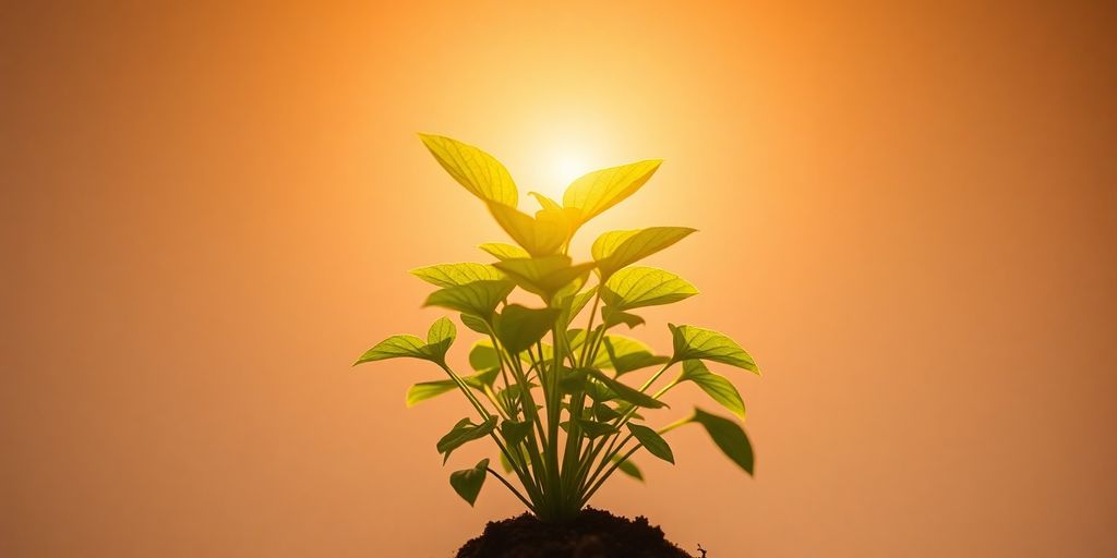 Bright light beams illuminating a growing plant.