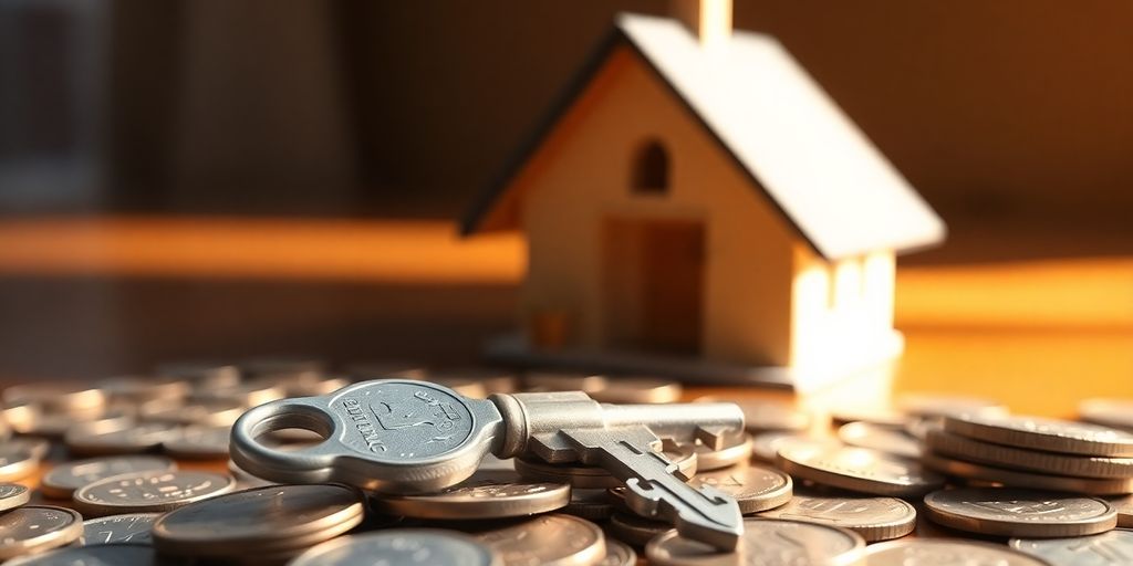 Casa con llave y apilamiento de monedas.