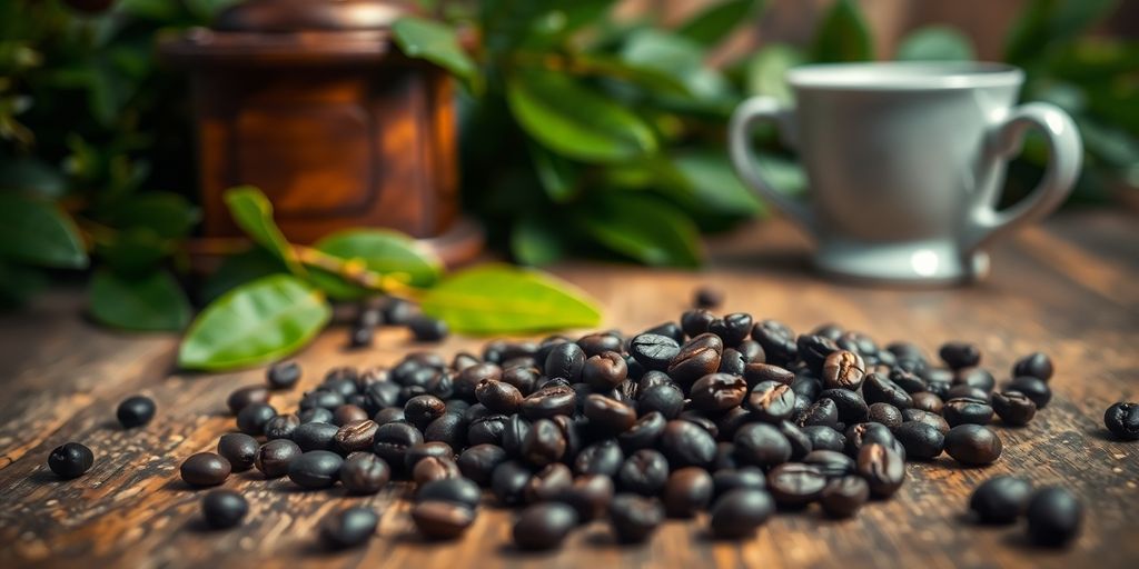 Coffee beans, leaves, and brewing equipment.