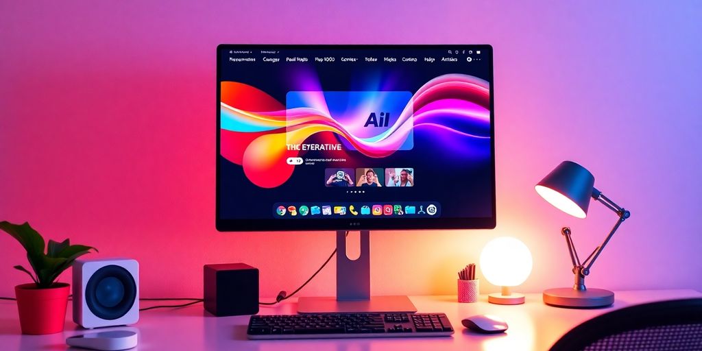 Modern workspace with computer setup and vibrant colors.