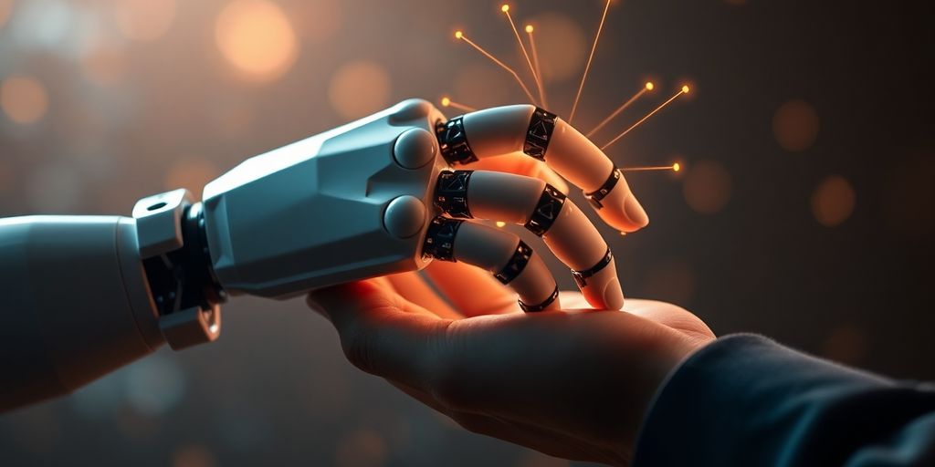 Robot hand empowering human hand with glowing innovation.