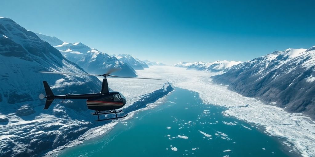 A helicopter flies over vast, snow-covered Alaskan mountains.