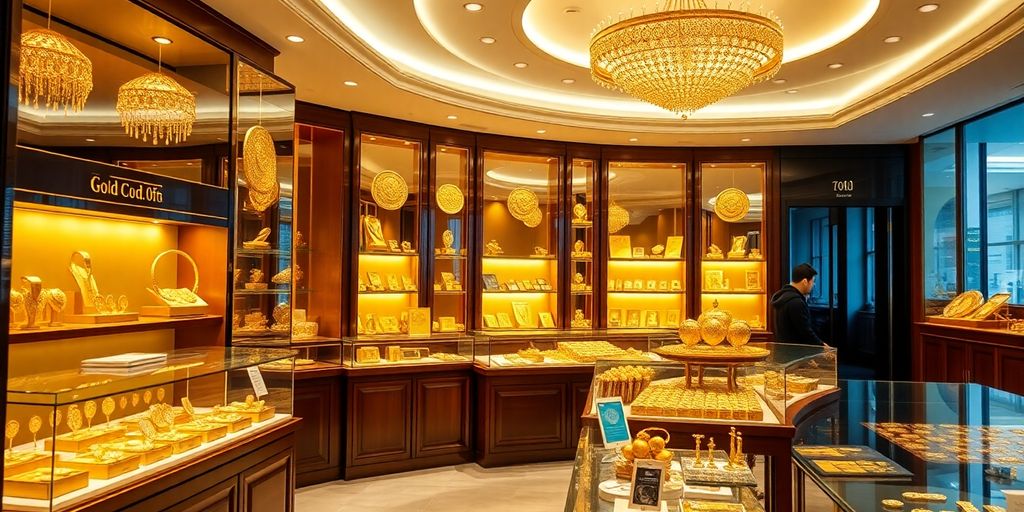 Intérieur d'une bijouterie en or élégante à Paris.