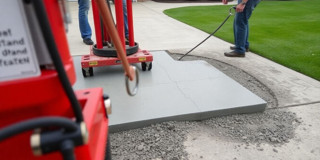 Workers lifting a sunken concrete slab in a driveway.