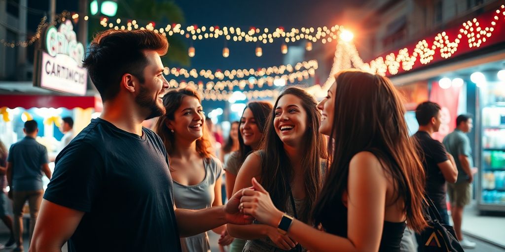 Friends dancing, laughing under vibrant Cabo nightlife.