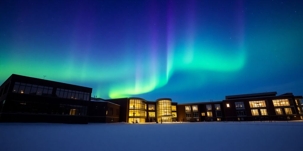 The aurora borealis glows above the snowy UAF campus buildings.