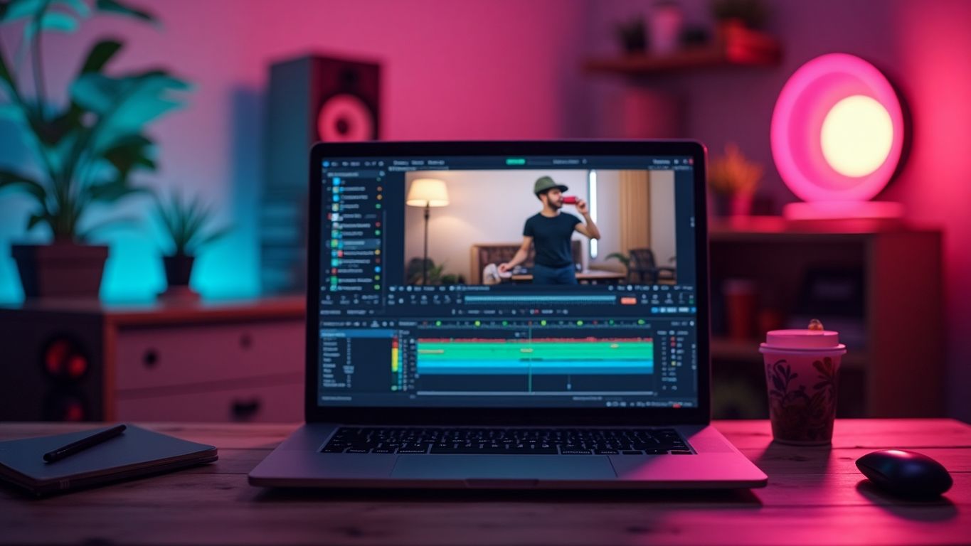 A modern workspace with video editing tools and lighting.