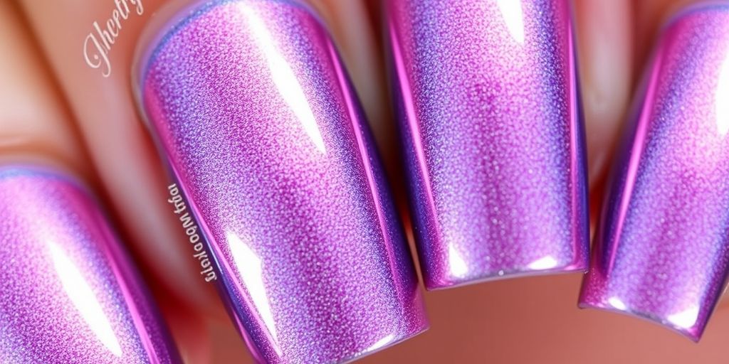 Unhas metalizadas com esmalte brilhante e colorido.