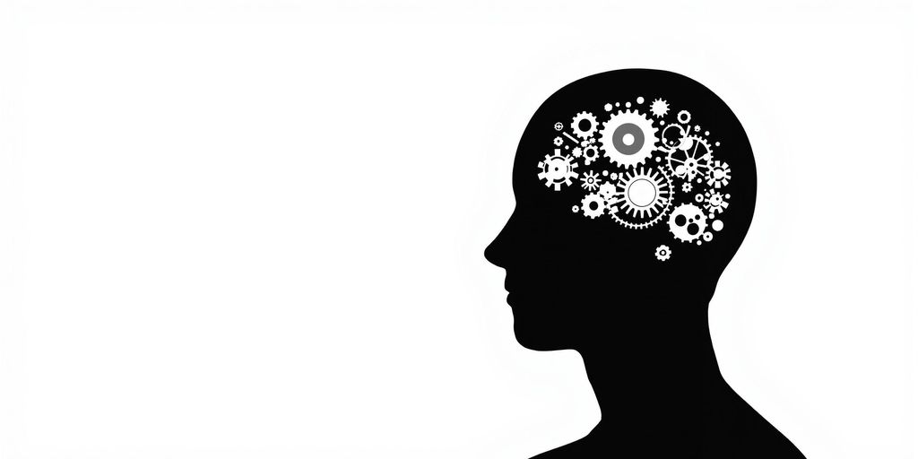 Gears turning inside a minimalist human head silhouette.