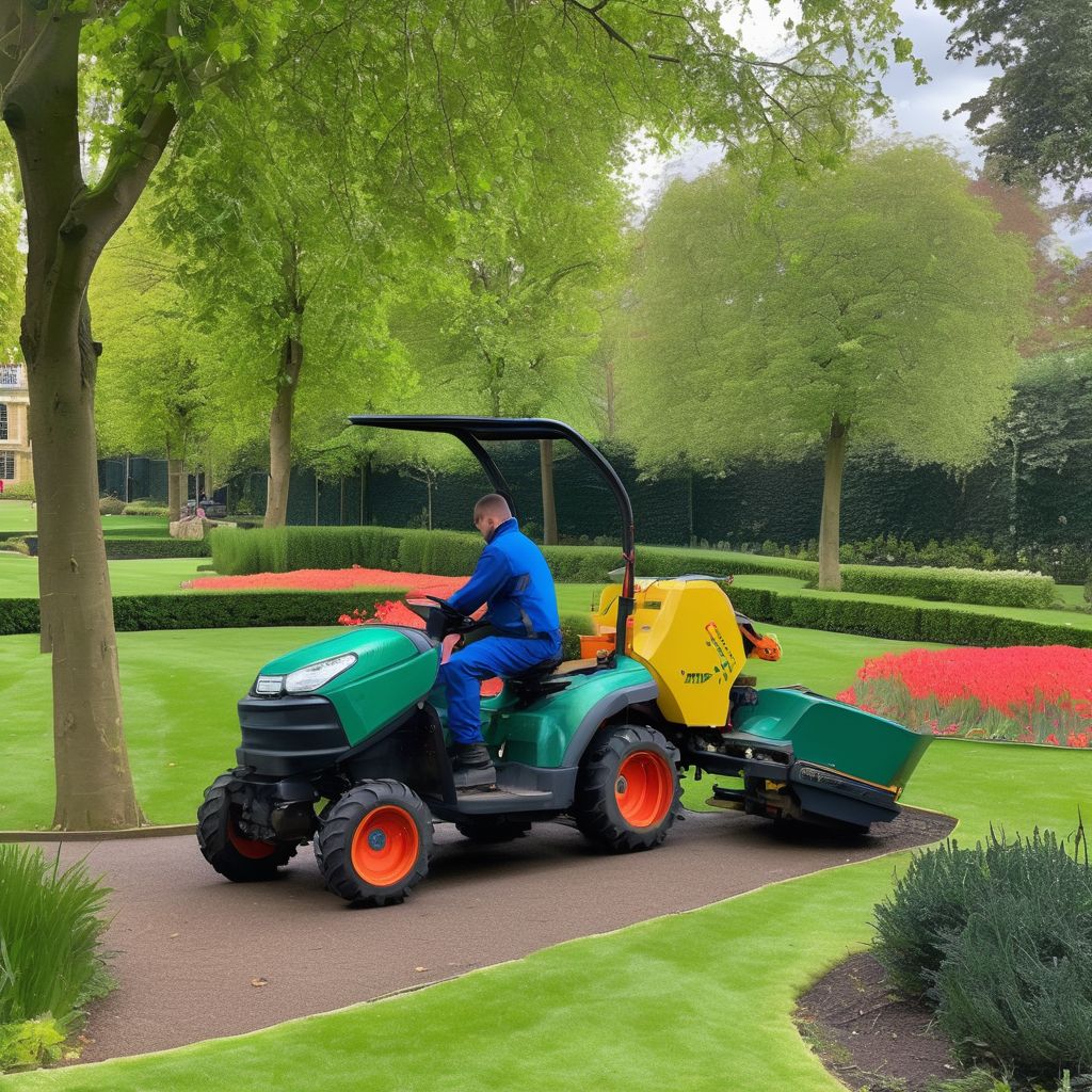 professional grounds maintenance team working in a beautiful park in London