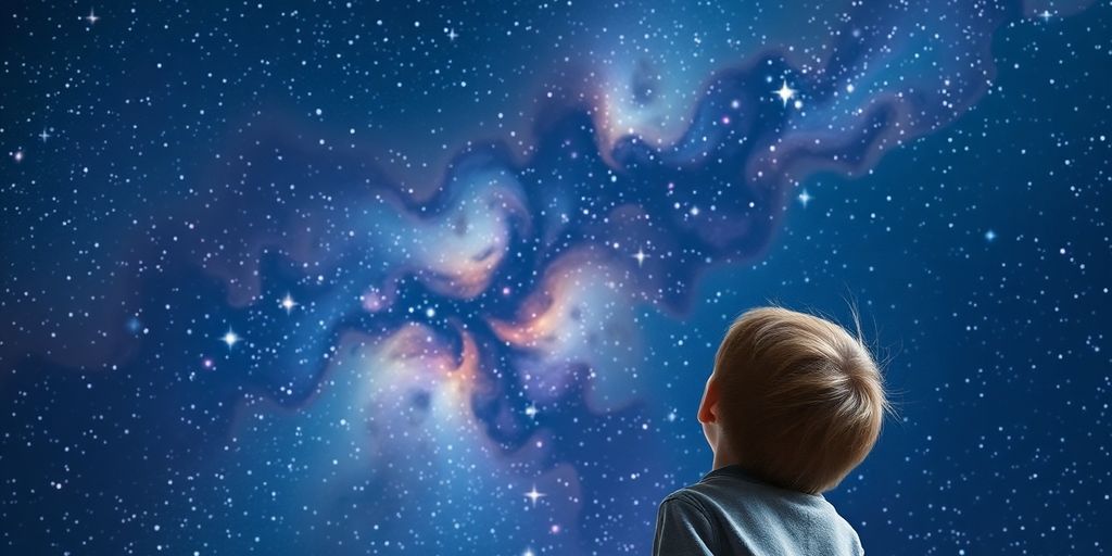 Children gaze at starry night sky.