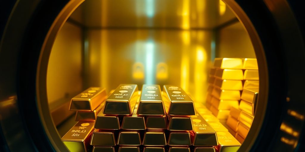 Lingots d'or empilés dans un coffre-fort bancaire sécurisé et lumineux.