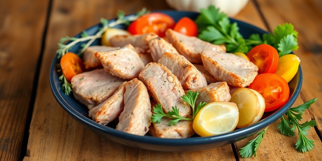 Plate of nutritious rabbit meat with vegetables.