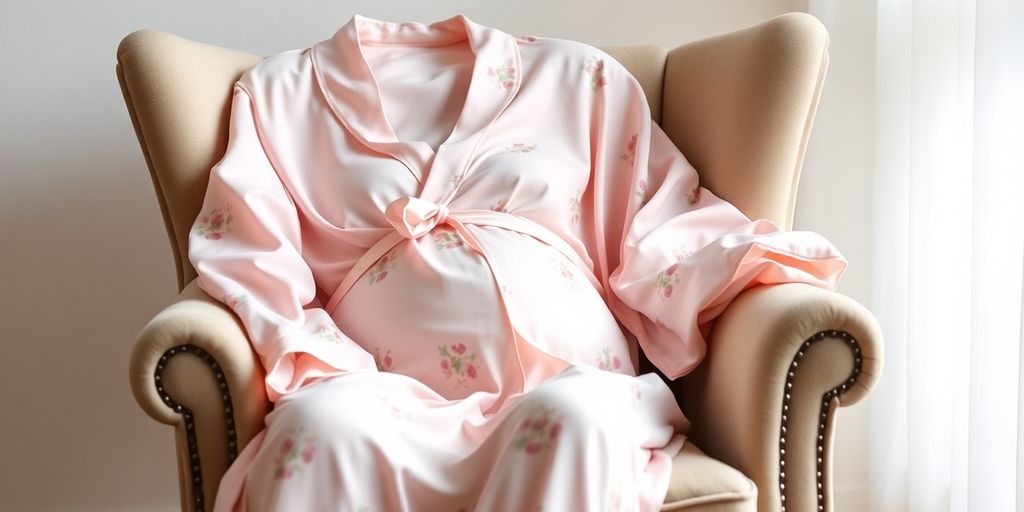 Elegant maternity robe in soft colors and floral patterns.