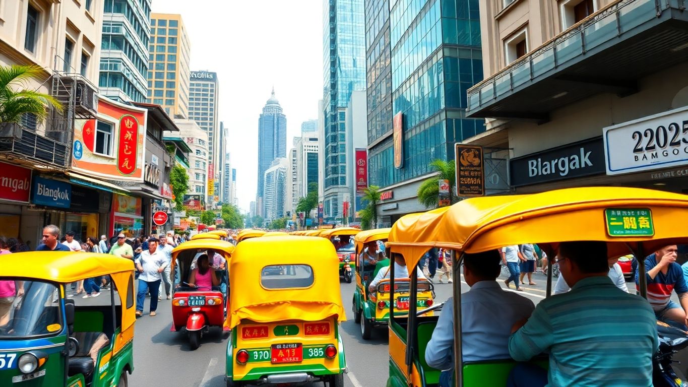 Bustling Bangkok streets with colorful tuk-tuks and cityscape.