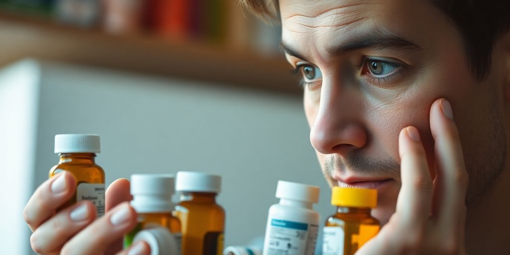 Person thoughtfully looking at a medication bottle.