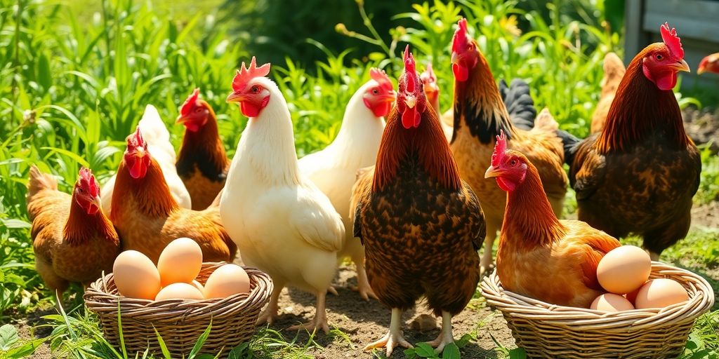 Chickens in a farmyard with fresh eggs and greenery.
