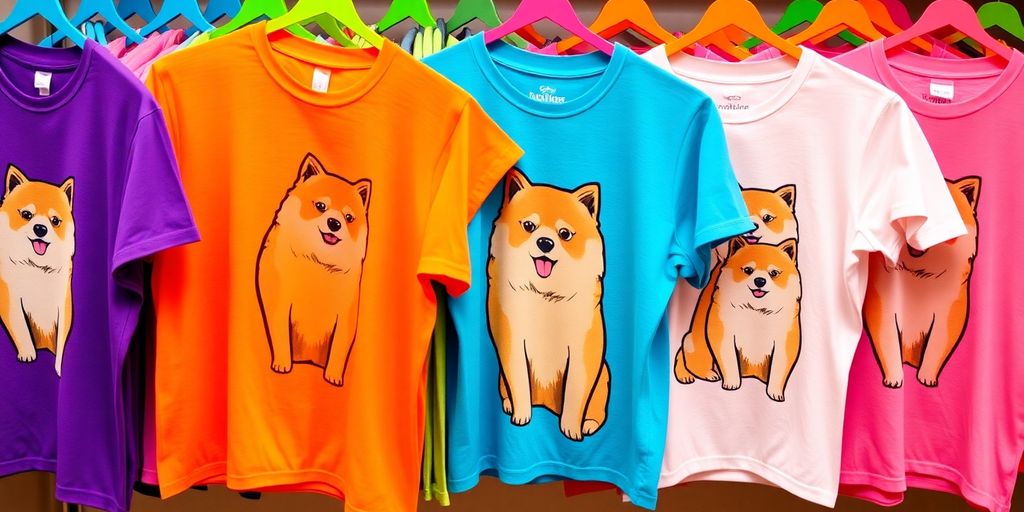 Colorful Doge T-shirts hanging in a bright display.