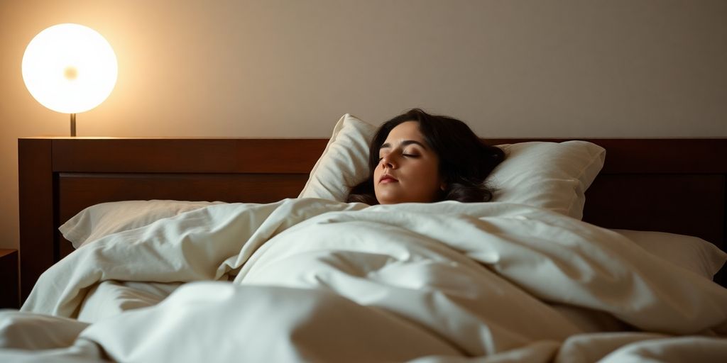 Woman sleeping peacefully in a serene bedroom.