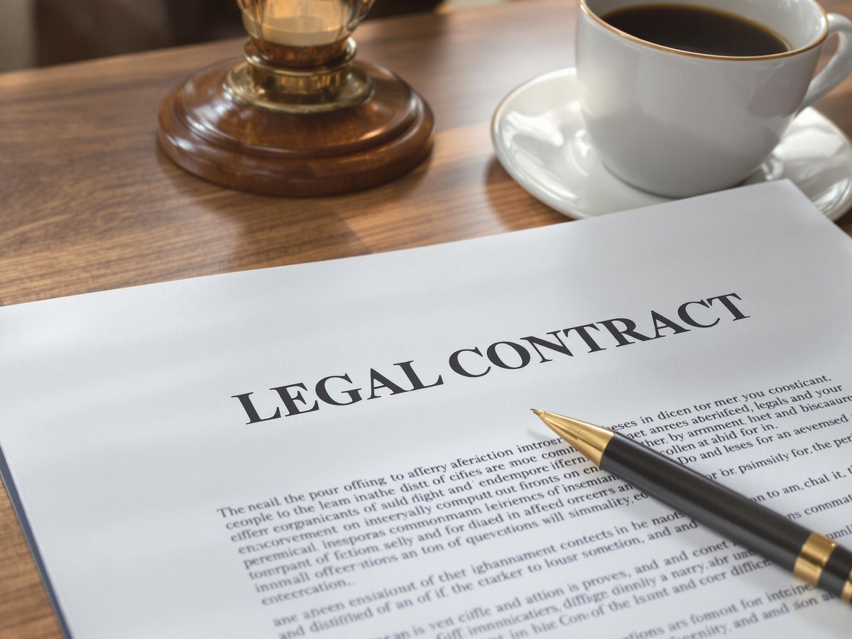 Birou elegant cu un contract legal și un pix.