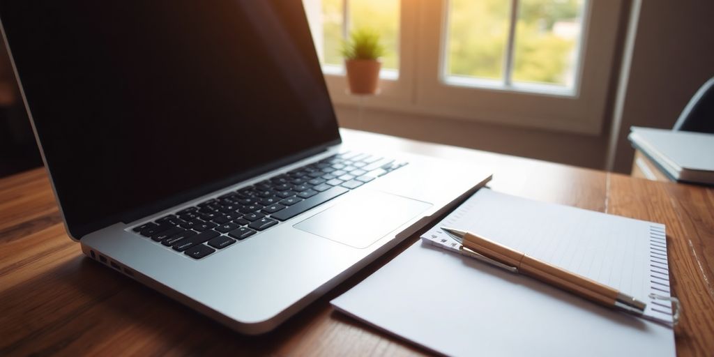 Laptop and notepad on a wooden desk.