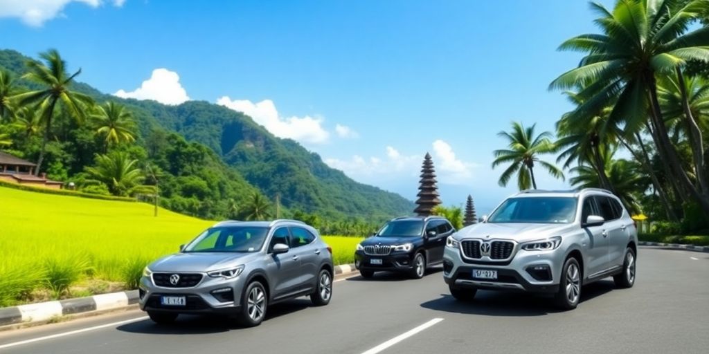 Luxury vehicles on a tropical Bali backdrop for security.