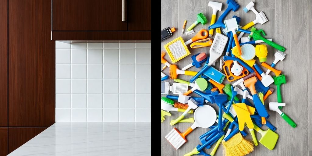 A sparkling clean kitchen counter next to a pile of cleaning supplies.