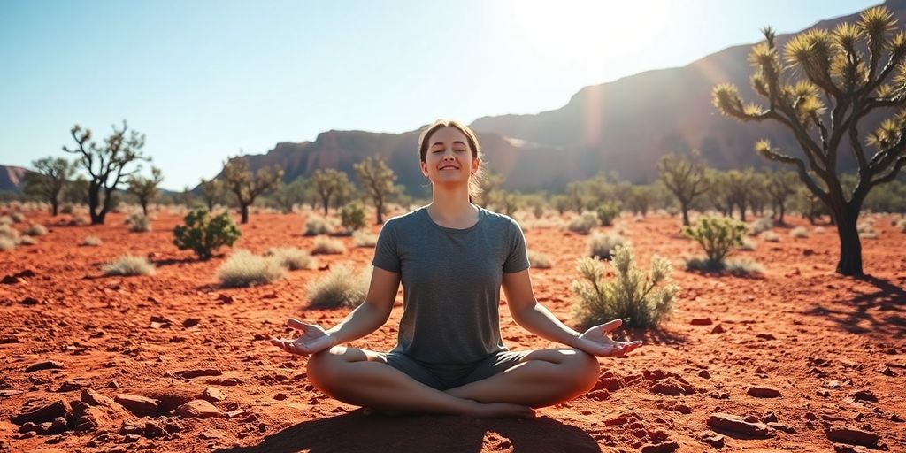 Aussie outback, peaceful, person meditating, natural.